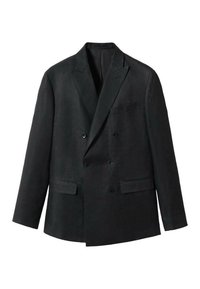 Dwurzędowa czarna marynarka uszyta z fakturowanej tkaniny, z klapami, dwiema przednimi kieszeniami i czterema guzikami w dopasowanym kroju.