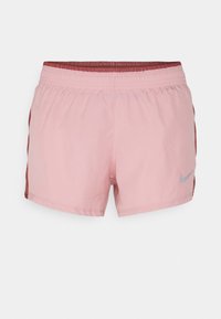 Pink athletic shorts with a contrasting maroon waistband. Features a small gray Nike logo. Lightweight material and elastic waist.