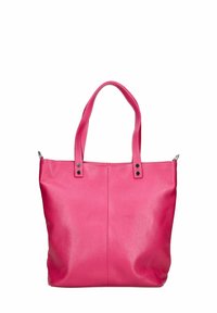 Roze leren tote bag met twee handvatten aan de bovenkant, gestructureerd oppervlak, zilverkleurige hardware accenten en een open ontwerp.