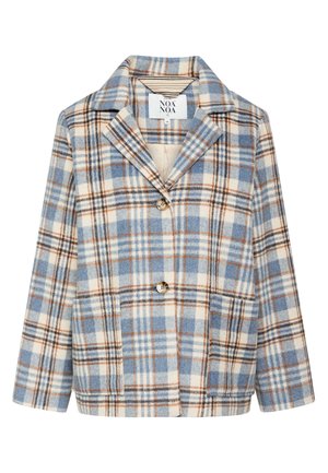 Blauw, crèmekleurig en bruin geruit wollen jasje met twee knopen, een ingesneden kraag en voorzakken met opslagen.