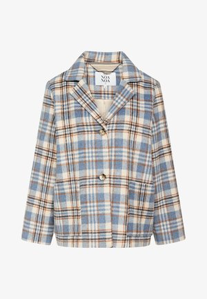 Chaqueta de lana a cuadros en azul, crema y marrón con dos botones, cuello con muesca y bolsillos de parche delanteros.