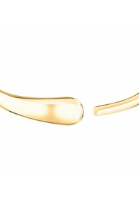 Occhiali in metallo color oro con un design liscio e curvo. Presentano aste sottili con una finitura lucida e accenti riflettenti sottili.