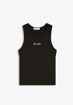 Top nero senza maniche, corto, con testo bianco "Dust Miles" ricamato sul petto e scollatura rotonda.