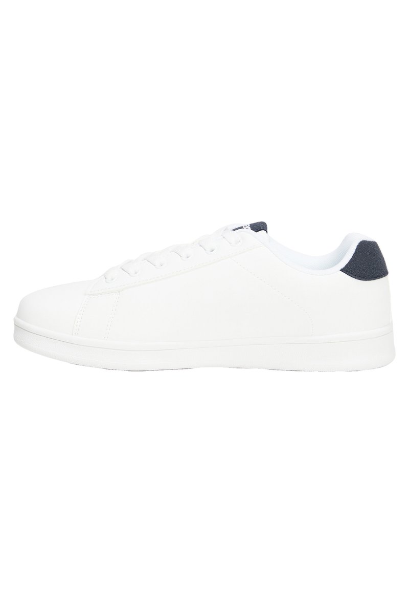 Sneaker bianco con parte superiore sintetica liscia, design con lacci e accentatura blu scuro sul tallone. Suola piatta e costruzione minimalista.