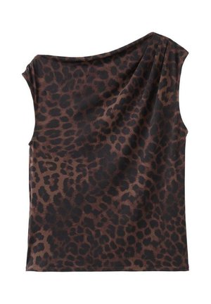 Brown leopard print top with a draped one-shoulder design. Fabric appears smooth, lightweight, and has a flowing texture.