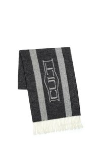 Sciarpa in lana a righe grigia e grigio chiaro con bordo frangiato, caratterizzata da un dettaglio centrale con logo tessuto in un colore a contrasto.