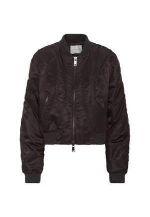 Dark brown bomber jacket made of smooth satin fabric. Features a zip front, ribbed cuffs, and side zip pockets. Cropped design with padded texture.