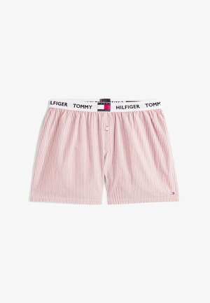 Rood en witte gestreepte boxershorts met een elastische tailleband met het "Tommy Hilfiger" logo. Knopsluiting aan de voorkant, zachte katoen stof.