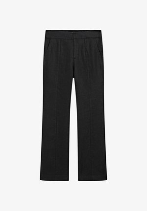 Schwarze Hosen mit weitem Bein aus leichtem Stoff. Verfügen über eine flache Vorderseite, zwei Seitentaschen und eine lockere Passform.
