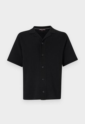 Black short-sleeve button-up shirt made of soft fabric. Features a collar and six front buttons, with a straight cut and no visible patterns.