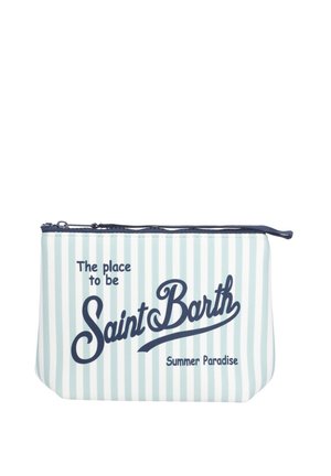 Piccola pochette a righe azzurre e bianche con cerniera e testo blu scuro "The place to be Saint Barth Summer Paradise."