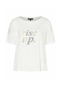 Weißes Baumwoll-T-Shirt mit lockerer Passform, ausgestattet mit einem gedruckten "rise up"-Design in verschiedenen Texturen und Farben. Kurze Ärmel, runder Ausschnitt.