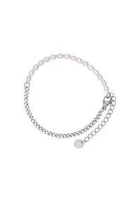 Bracciale in perle con perle ovali bianche, segmento di catena in argento e chiusura a granchio, dotato di una catena di estensione regolabile.