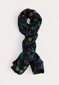 Sciarpa nera annodata, caratterizzata da motivi floreali in viola, oro e verde. Tessuto leggero e texturizzato con bordi sfrangiati.