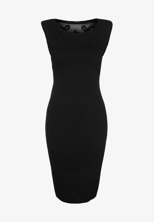 Vestido negro sin mangas con una silueta ajustada, escote redondo y textura lisa. Diseño sencillo sin patrones visibles ni detalles metálicos.