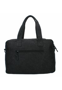 Malette noire en tissu avec deux poignées et une poche zippée à l'avant, présentée sur un fond blanc.