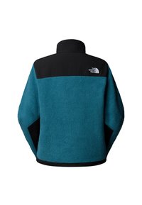 Giacca in pile teal con pannello superiore e colletto neri, caratterizzata da una tasca laterale con cerniera e un logo sul retro. Materiale morbido e testurizzato.