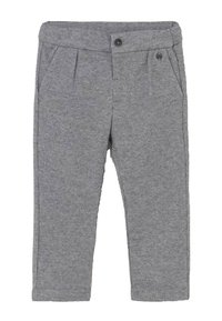 Szare spodnie dla niemowląt z guzikami z przodu, bocznymi kieszeniami i teksturowanym wzorem tkaniny.