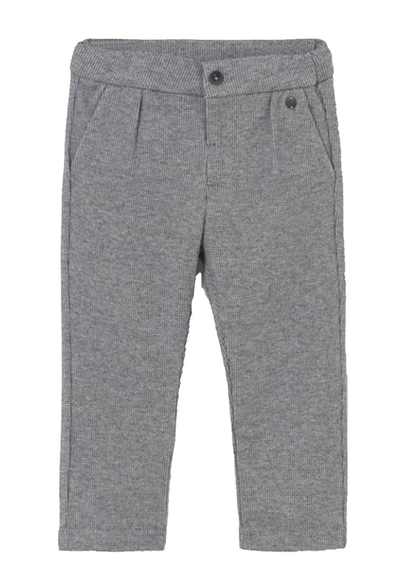 Szare spodnie dla niemowląt z guzikami z przodu, bocznymi kieszeniami i teksturowanym wzorem tkaniny.