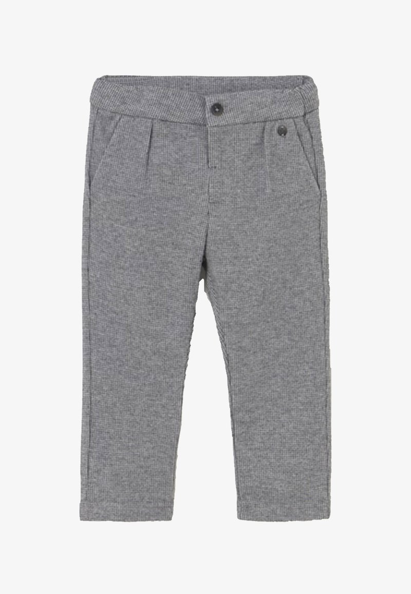 Szare spodnie dla niemowląt z guzikami z przodu, bocznymi kieszeniami i teksturowanym wzorem tkaniny.