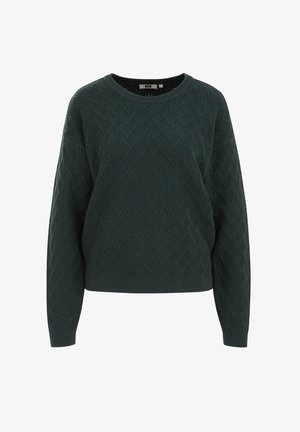 Tume rohelise värvi kudumiga sviiter, millel on tekstureeritud rombimuster, ümmargune kaelus ja pikad varrukad. Ribitud mansetid ja ääred.