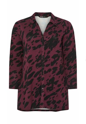 Camicia a maniche lunghe viola con bottone, decorata con un motivo astratto di animali neri e colletto classico.
