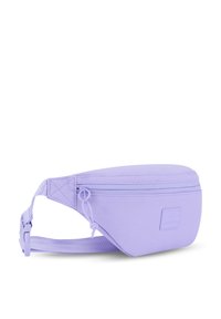 Sac banane violet en tissu durable, avec un compartiment zippé, une sangle réglable et une étiquette de marque à l'avant.