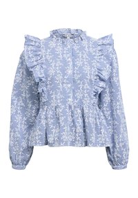 Blouse à carreaux bleu et blanc avec manches longues, épaules à volants, boutonnière avant et détails de broderie florale blanche.