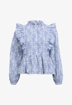 Blau-weiß kariertes Bluse mit langen Ärmeln, gerafften Schultern, durchgehender Knopfleiste und weißen floralen Stickereien.