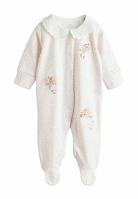 Light pink baby onesie with embroidered fairy designs, a white lace collar, and snap fastenings along the front and between the legs.