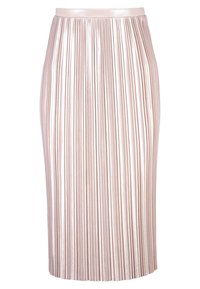 Skimrande ljusrosa metallisk midikjol med smala vertikala veck och en åtsittande midja.