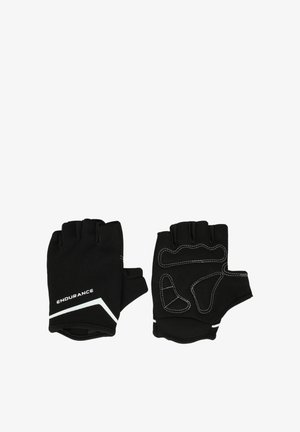 Paar schwarze fingerlose Fahrradhandschuhe mit gepolsterten Handflächen und weißem "ENDURANCE"-Schriftzug auf der Rückseite eines Handschuhs.