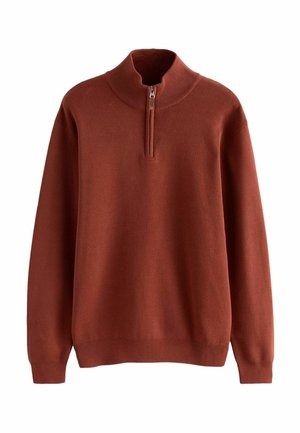 Rust-colored pullover sweater with a high collar, half-zip closure, ribbed cuffs and hem, made of a soft knit material.