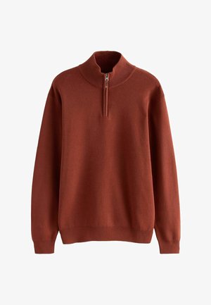 Rust-colored pullover sweater with a high collar, half-zip closure, ribbed cuffs and hem, made of a soft knit material.