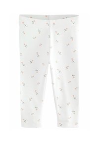 Witte leggings van zachte stof, met een verspreid bloemenpatroon in lichtroze en groen. Gladde textuur met elastische tailleband.