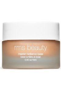 Base de radiance Master de RMS Beauty, pot en verre, finition givrée, couvercle blanc, produit ambre clair à l'intérieur, 0,50 oz/15 ml. Texte sur le pot inclus.