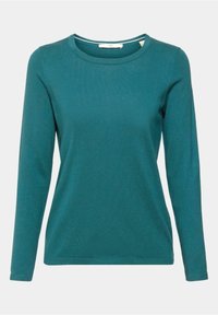 Teal Langarm-T-Shirt aus weichem, geripptem Stoff. Mit rundem Ausschnitt und figurbetonter Silhouette, minimalistischem Design und ohne sichtbare Hardware.