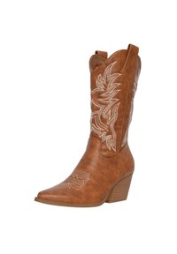 Botas de vaquero de cuero marrón con puntas puntiagudas, bordado floral en blanco y un diseño de tacón apilado. Cuentan con tiradores para un fácil uso.
