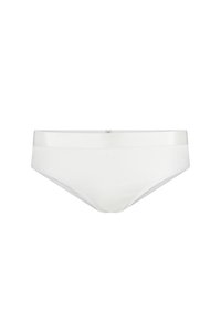 Weiße Damenunterwäsche aus einem weichen, strukturierten Stoff. Verfügt über einen glatten Bund und einen klassischen Bikini-Schnitt. Keine sichtbaren Muster oder Akzente.