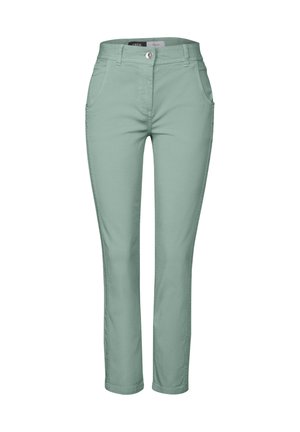 Pantalon en coton vert clair avec une coupe droite, des poches avant et une fermeture à bouton. Texture lisse sans motifs ou accents visibles.