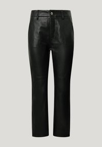 Black leather pants with a smooth texture, straight leg design, single metal button, and visible stitching along the seams.