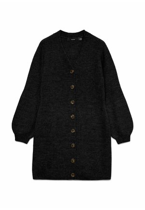 Tmavě šedý dlouhý cardigan s výstřihem do V, žebrovanou strukturou a velkými hnědými knoflíky vepředu. Má puffové rukávy a volný střih.