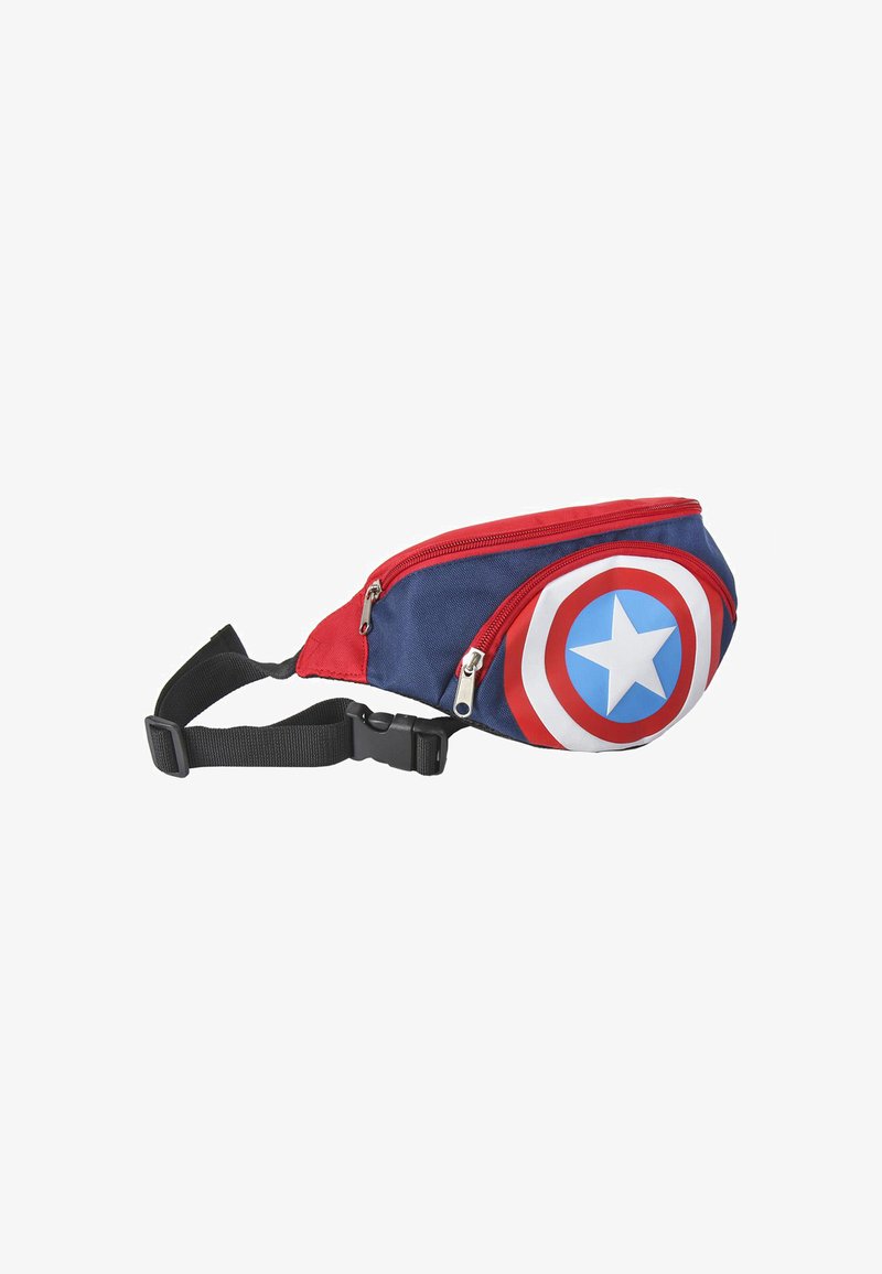 Marsupio rosso e blu con design circolare, caratterizzato da una stella bianca a cinque punte al centro, una tracolla nera regolabile e scomparti con zip.