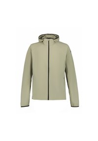 Chaqueta verde claro con capucha, cremallera frontal y detalles en negro. Está hecha de un material suave y ligero. Presenta mangas largas y un corte relajado.