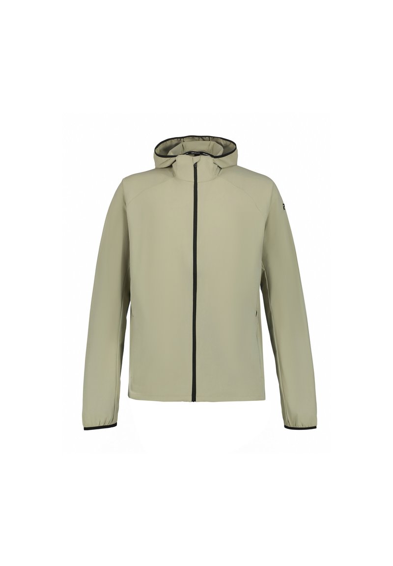 Chaqueta verde claro con capucha, cremallera frontal y detalles en negro. Está hecha de un material suave y ligero. Presenta mangas largas y un corte relajado.