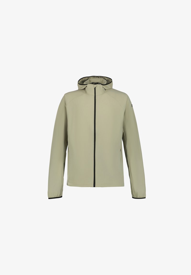 Chaqueta verde claro con capucha, cremallera frontal y detalles en negro. Está hecha de un material suave y ligero. Presenta mangas largas y un corte relajado.