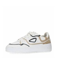 Witte leren sneaker met een gestructureerde afwerking, zwarte accenten en beige details. Kenmerken zijn een ronde neus, vetersluiting aan de voorkant en een dikke zool.
