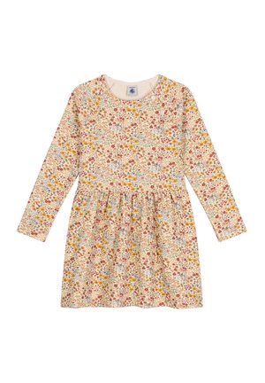 Robe longue à manches longues fleurie en crème avec des motifs floraux multicolores. Elle présente un col rond et une taille froncée pour une jupe évasée.