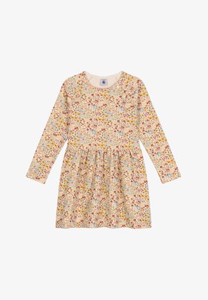 Kremowa, kwiecista sukienka z długim rękawem i wielokolorowym wzorem kwiatowym. Ma okrągły dekolt i talię z marszczeniem, co tworzy rozkloszowaną spódnicę.