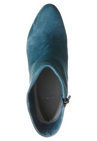 Teal velvet ankle boot with a pointed toe and side zipper. Smooth texture and sleek design with minimal hardware. Interior is grey.